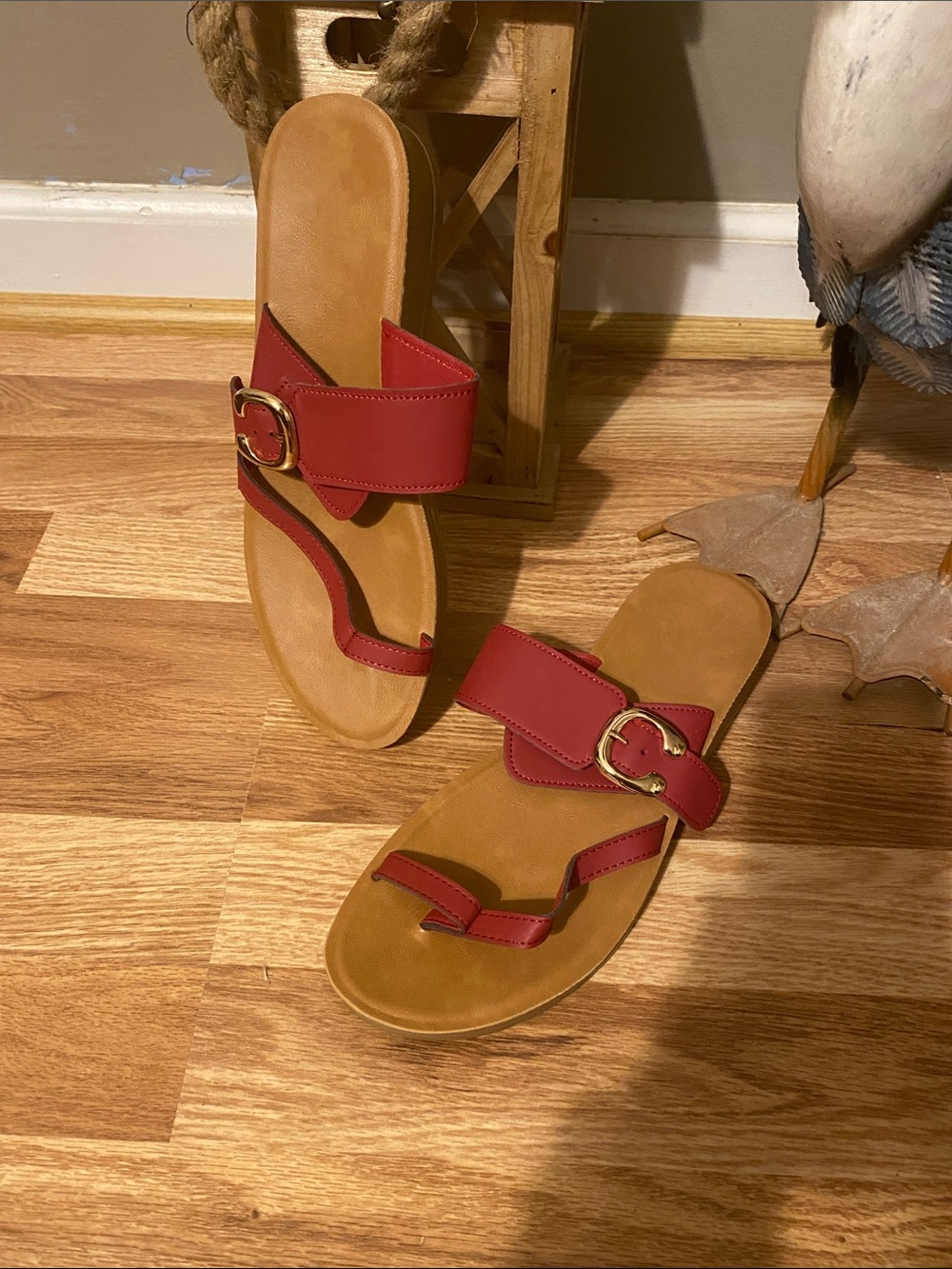 Women’s Red Buckle Toe-Loop Slide Sandals